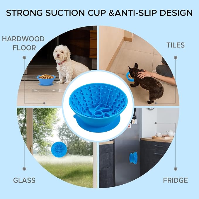 Dog Lick Bowl – Silicone Lick Mat for Dogs,Freezer-Safe, Slow Feeder, Non-Slip Base, Includes Brush & Scraper, Large Opening for Anxiety Relief & Oral Health, Ideal for Frozen Treats (Blue)-Large