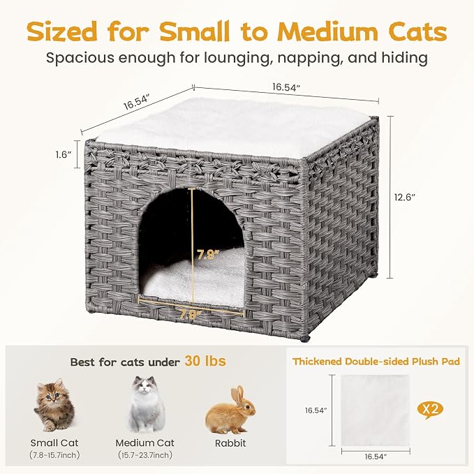Snughome Handwoven Rattan Cat House - Indoor Foldable Cat Bed Cave with 2 Removable Bed Mats, Large Kitten House, Hideaway Pet Cube, 16.54 x 16.54 x 12.6 Inches, Grey, for Living Room & Bedroom