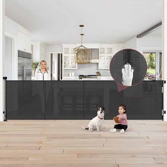 Reinforced 41" Tall × 150" Extra Long Retractable Baby Gate with Support Rods, Indoor Dog Gates for The House Extra Wide Retractable Gate Outdoor Retractable Dog Gate Tall Baby Gates for Dogs, Black