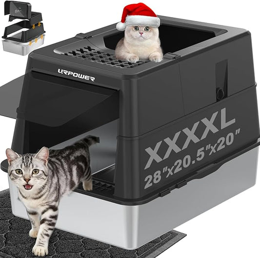 URPOWER Stainless Steel Cat Litter Box with Lid Extra Large Enclosed Litter Box Non-Sticky Metal Pan with High Sided & Scoop, Odor Free, Front & Top Entry, Anti-Leakage, Easy Cleaning
