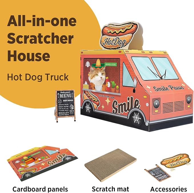 SMILE PAWS Cat Beds for Indoor Cats, Cardboard Cat House with Scratchers, Hot Dog Truck, Large Sturdy Cat Furniture Condo Cave Tent, Easy to Assemble Pet Toys Accessories Stuffs, Bunny Small Animals