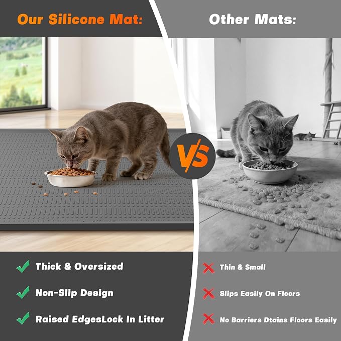 47" x 35" Silicone Cat Food Mat, Waterproof Pet Feeding Mat with Raised Edge, Extra Large Cat Bowl Mat Water Bowl Placemats for Cats, Non-Slip, Protects Floors, Easy to Clean (Dark Gray)