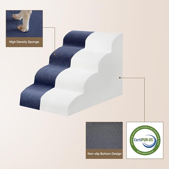 PAWSCRAT Pet Stairs for Dogs 3-Step, 15.7" H Pet Stairs for High Bed, Couch Sofa & Chair, 30D Material Soft Foam Dog Steps with Non-Slip Bottom Surface Removable Washable Cover, Blue
