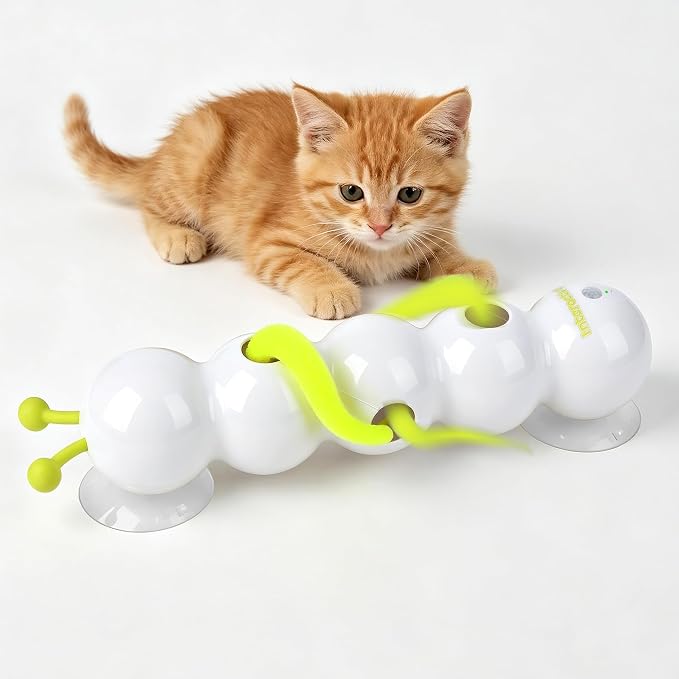 Upgraded Caterpillar Cat Feather Toy, Automatic Fluffy Tail Teaser with Motion Sensor, USB Rechargeable, Suction Cup for Stable Play, Perfect for Indoor Cats