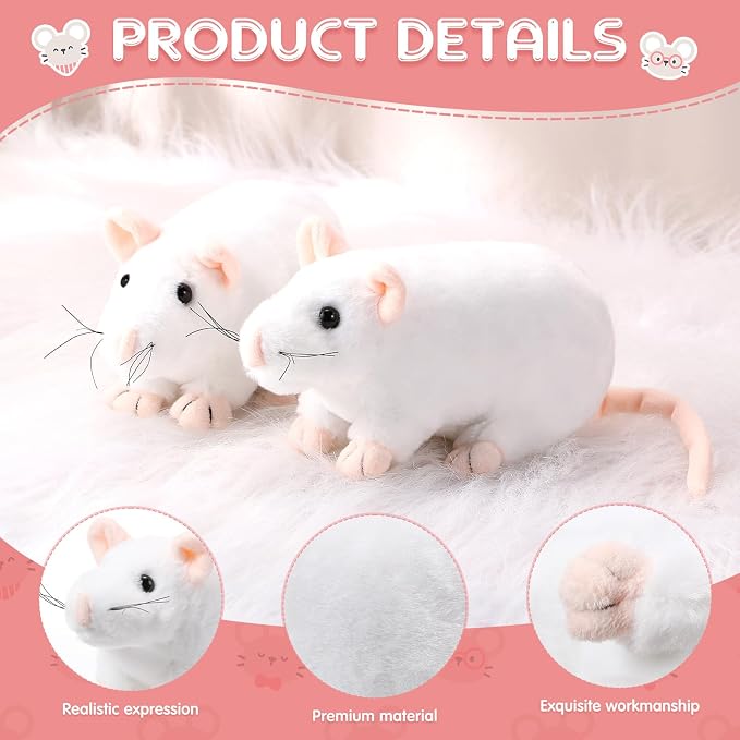 Kasyat 4 Pcs Fake Rat Stuffed Animals 7 Inch Fake Mouse Plush Toys Soft Cuddly Stuffed Mouse Realistic Rat Plushies for Birthday Prank Props April Fools Tricks(White)