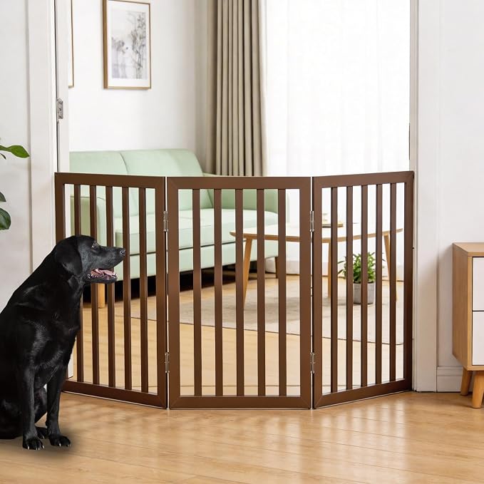 Dog Gate Indoor, Freestanding Dog Fence for The House, Doorways, Hallways,or Stairs,Pet Gate Foldable Wooden,Expandable 32" Height 3 Panels,Brown
