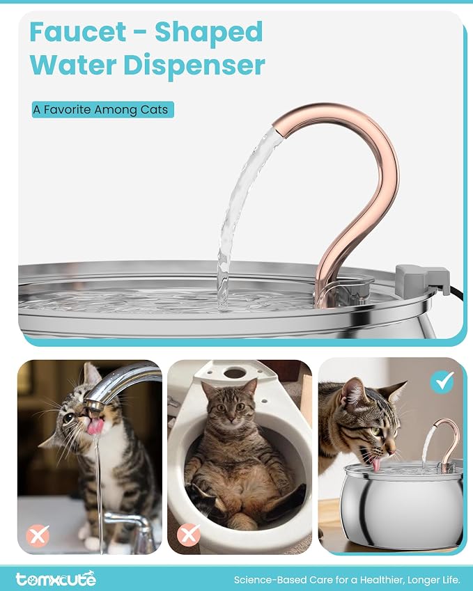 Tomxcute Stainless Steel Cat Water Fountain, Swan Neck Multi-Pet Dispenser | 304 Stainless Steel, Copper Plated Spout, 135oz Capacity, Ultra-Quiet Pump, Quadruple Filter, Dishwasher Safe Tank