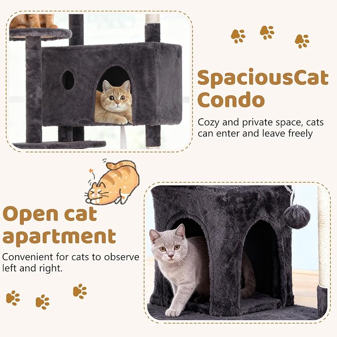 BestOffice 54 Inch Cat Tree, Multi-Level Cat Tower with Condo, Perches, Sisal Scratching Posts, Climbing Ladder,Indoor Activity Center Play House for Kittens & Adult Cats, Ashy