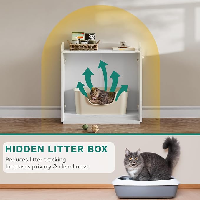 YITAHOME Hidden Cat Litter Box Enclosure, 31 Inch Litter Box Furniture with Hooks for Large Medium Cats, High-Gloss Wooden Cat Cabinet for Indoor Cats, White