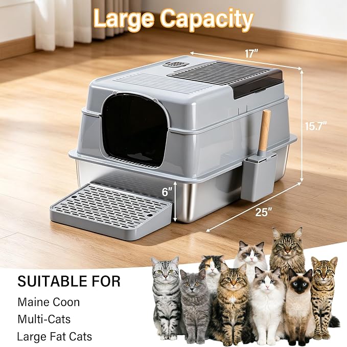 XXXL Stainless Steel Litter Box with Lid,Extra Large Enclosed Metal Cat Litter Box for Big Cats, Multiple Cats,Odor Control,Anti-Leakage, Includes Scoop & Pedal,27.75 x 19.75x 15.7 inches