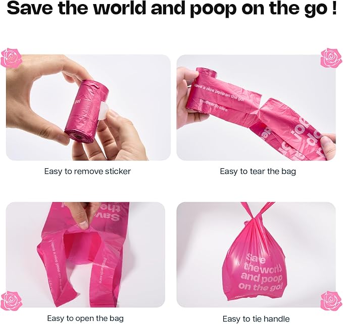 Deo Doo Dog Poop Bags with Handles 30 Rolls 360 Counts Big Sizes Leak Proof and Extra Thick Waste Bags Refill Rolls for Walking Small Medium Large Dogs Cats Litter Rose Scented