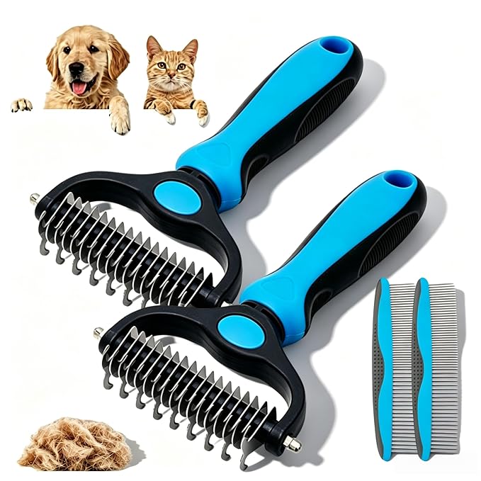 Double-sided Deshedding Pet Brush - Dual-Sided, Ergonomic & Gentle for Dogs & Cats, 2027 New Dematting Comb for Dogs Cats for Matted Fur (2 * Blue)