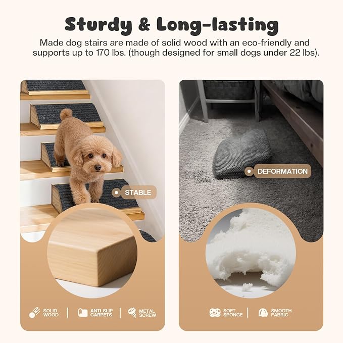 3-Pack Wooden Dog Ramp for Stairs, Anti-Slip Pet Steps for Small Dogs with Carpet Surface, Low-Angled Pet Ramps for Staircase, Steps and Stairs Assist for Injured & Aged Pets, Stairs Ramp for Dogs