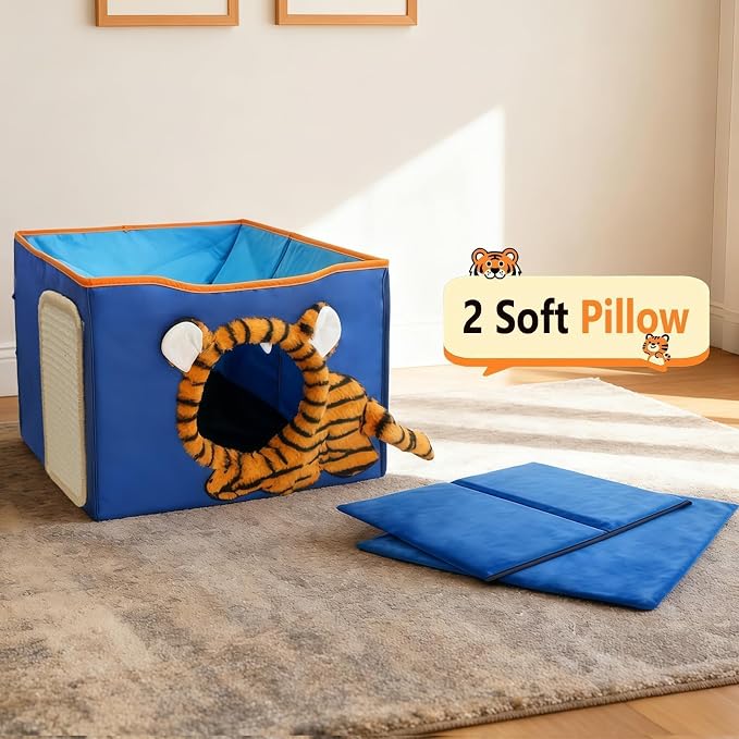 CWV Interactive Cat Toys for Indoor Cats, Kitten Toys with Scratch Pad， Cat Hideaway with Peekaboo Holes, Tiger Cat House Cave with Soft Pillow