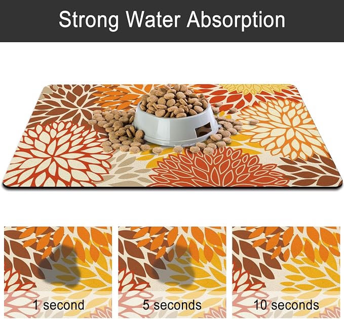 Dog Food Mats for Floors, Absorbent and Quick-Drying Pet Cat Food Mat,Anti-Fouling and Easy-to-Clean Pet Feeding Mat,Dog Bowl Mat for Messy Drinking Water Bowls.16x24, Bohemia Dahlia Floral Style