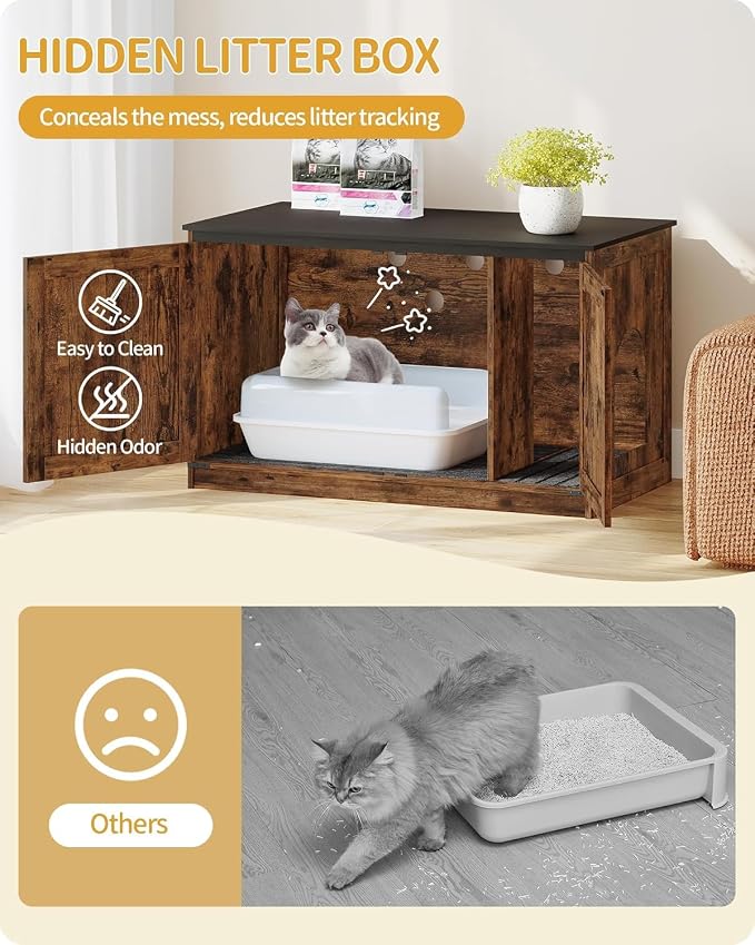 Hzuaneri Cat Litter Box Enclosure with Cushion, Hidden Litter Box Furniture with Removable Dividers, Reversible Entrance Left or Right Side, Cat House, Rustic Brown and Black CB84701X