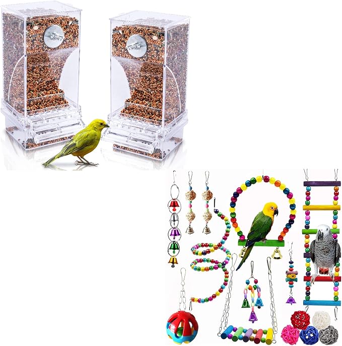 Hamiledyi No Mess Bird Cage Feeder 2Pack Automatic Parrot Seed Feeders with Perch Acrylic and Bird Parrot Swing Chewing Toy Set 15PCS Colorful Pet Birds Cage Toys for Small Parakeet Cockatiel Conures