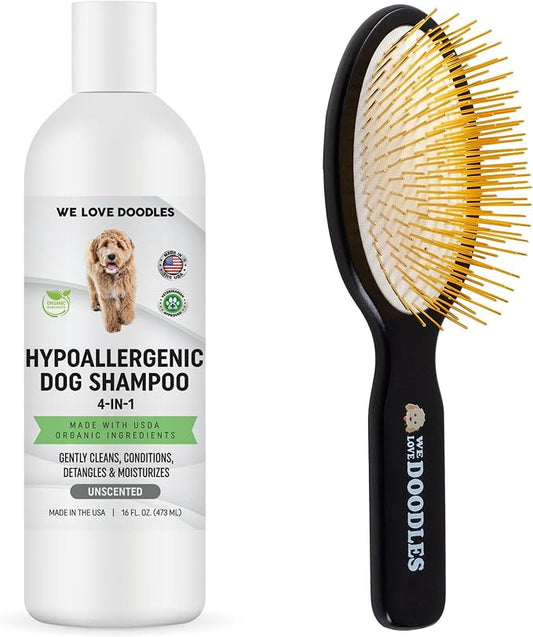 We Love Doodles Hypoallergenic Dog Shampoo, Conditioner & Detangler and Dog Pin Brush - Sensitive Skin & Allergies, Detangler Brush for Shedding & Removing Loose Fur, Made in USA