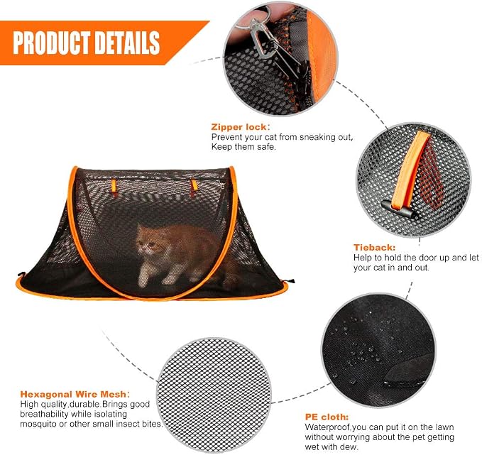 Portable Cat Mesh Tent Pet Cage,Pop Up Crate,Foldable Kennel,Indoor,Outdoor,Comfy Puppy House-Washable Fabric for Small Animals with 2 Cat Toys, Carry Bag & 2 Stakes