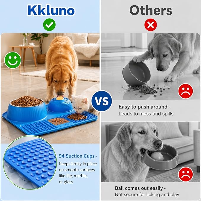Dog Lick Bowl with Rolling Ball for Liquid and Thick Treat—3 in 1 Slow Feeder Dog Bowls+Lick Mat+50oz Stainless Steel Food Bowl,Anti-Slip 5/6 Cup Licking Toy for Medium Large Dogs and Cats Blue