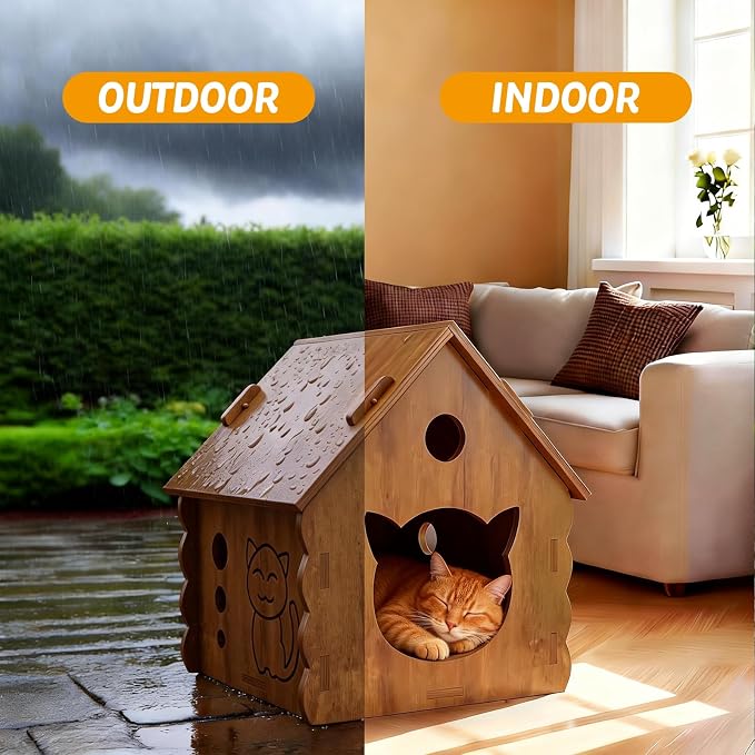 Cute Gable Roof Small Wooden Cat House, Indoor Outdoor Multi-Ply Wood Cat Shelter with Rainproof Windproof, Easy Assemble Move & Clean, Breathable Cat Hut for Kittens (Brown)