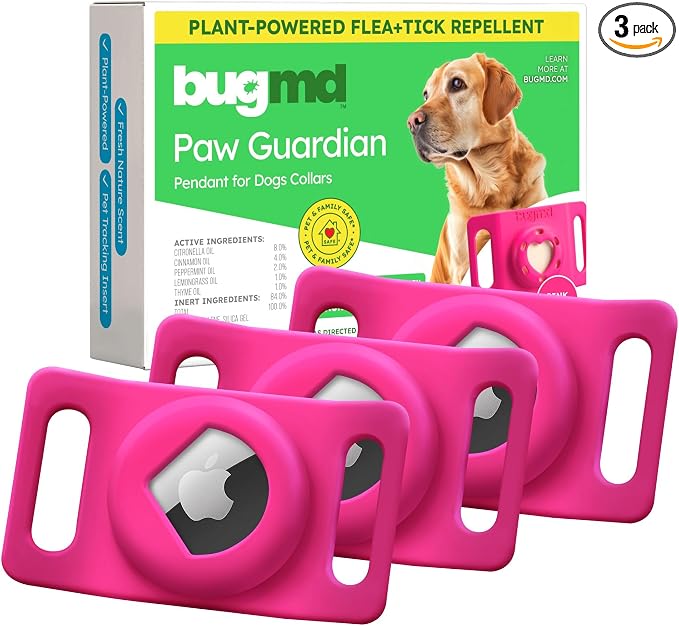 BugMD Paw Guardian Flea & Tick Pendant (3-Pack) with AirTag Holder – Plant-Based Flea & Tick Prevention for Dogs – Pet Collar Tag & GPS Tracker Holder for Dogs – Pink