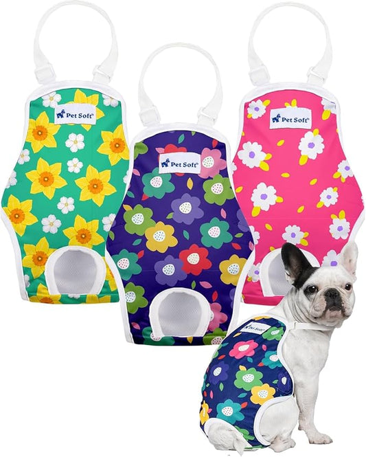 Pet Soft Dog Diapers Female Onesie Sanitary Pantie with Adjustable Suspender, Colorful Pattern Washable Puppy Diapers Female, Super Absorbent Underwear Dog Diaper for Heat (Floral, XL)
