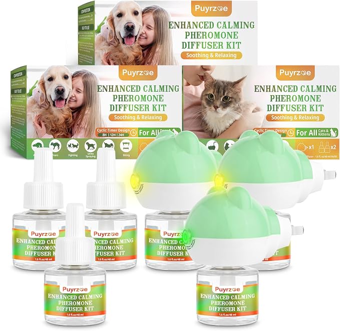 Cat 3-in-1 Calming Diffuser & Dog 6-in-1 Calming Diffuser Set – with Pheromones for Stress Relief, Anxiety Reduction, Includes 3 Diffusers + 6 Refills (for Cats & Dogs)