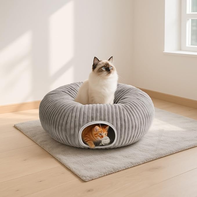 31 Pcs Interactive Cat Toys for Indoor Cats, Cat Tunnel with Moving Ball, Cat Toy Launcher, Catnip Toys, Chew Rope, Feather Wand, Springs and Balls for Indoor Kittens, Grey