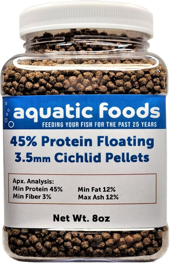 Cichlid Pellets, 45% Protein Floating 3.5mm (9/64") Pellets for Discus,Oscars, Central American, South American Cichlids…8oz Small Jar