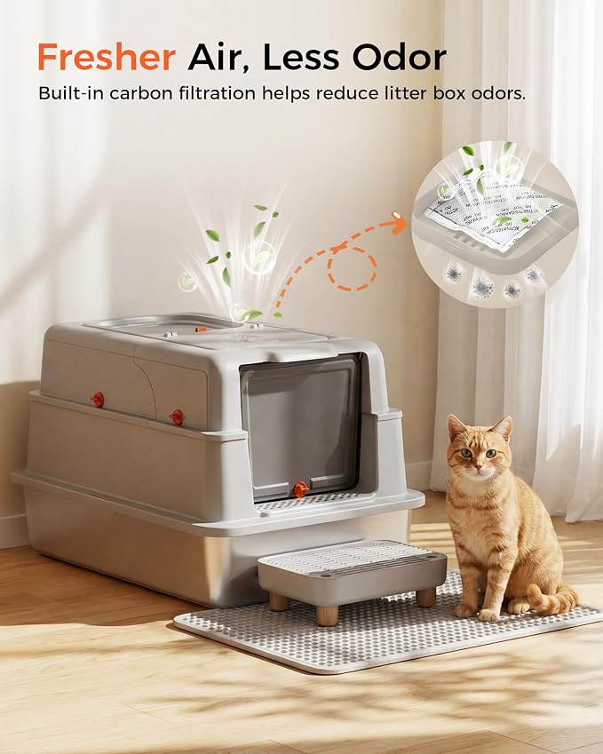 XXXL Stainless Steel Cat Litter Box with Lid, 27.5"×20.1"×17.3" Jumbo Enclosed Litterbox,Dual-Entry (Front Entry & Top Exit),High-Sided,Non-Stick,Odor Control,for Big Cats, with Mat,Scoop & Step,Grey