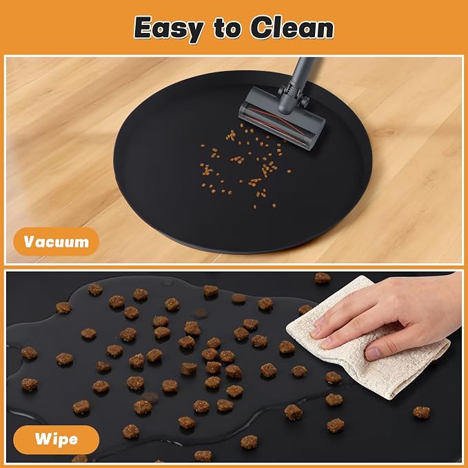 20" Silicone Pet Food Mat, 2PCS Waterproof Feeding Mat for Dog & Cat Extra Large Dog Bowl Mats with Raised Edge, Non-Slip, Protects Floors, Easy to Clean (Black)
