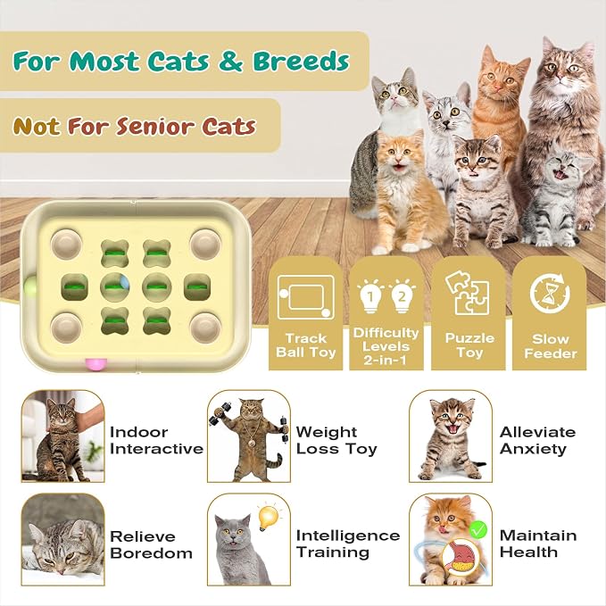 KADTC 3-in-1 Cat Puzzle Toy, Peek-and-Play Box, Track Balls for Indoor Cats | Large Size, stable board, no loose parts for safer play, longer mental stimulation, active energy burn, and slower feeding.