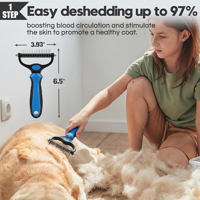Bonteck Dog Slicker Brush for Dogs Grooming Kit 5PCS | Large Dog Brush for Goldendoodles Poodles Doodles | Long Pin Haired Brush | Poodle Brushes and Comb (Blue)