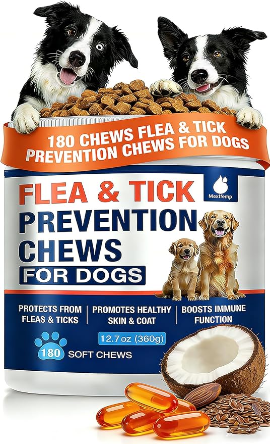 Natural Flea and Tick Prevention for Dogs Chewables, 180 Cts, Oral Flea Pills for Dogs, Dog Flea and Tick Treatment, Skin & Coat Support Supplement