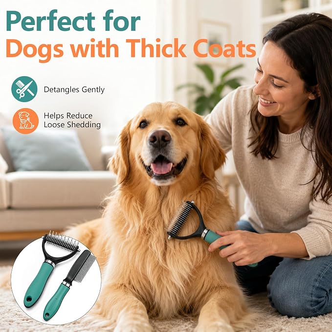 Dog Brush and Cat Deshedding Rake, Pet Grooming Tool for Shedding with Rounded Stainless Steel Teeth, Comfortable Grip for Long or Thick Coats (Green with Comb)