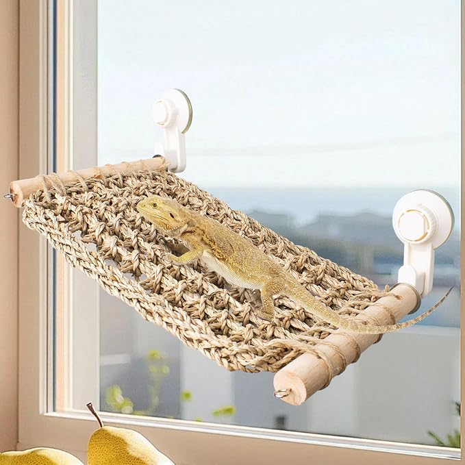FlidRunest 13.3 x 7.8 in Seagrass Bearded Dragon Hammock for Window, Lizard Window Perch, Reptile Hammock Perch with Powerful Suction Cups for Lizard, Leopard Gecko, Chameleon