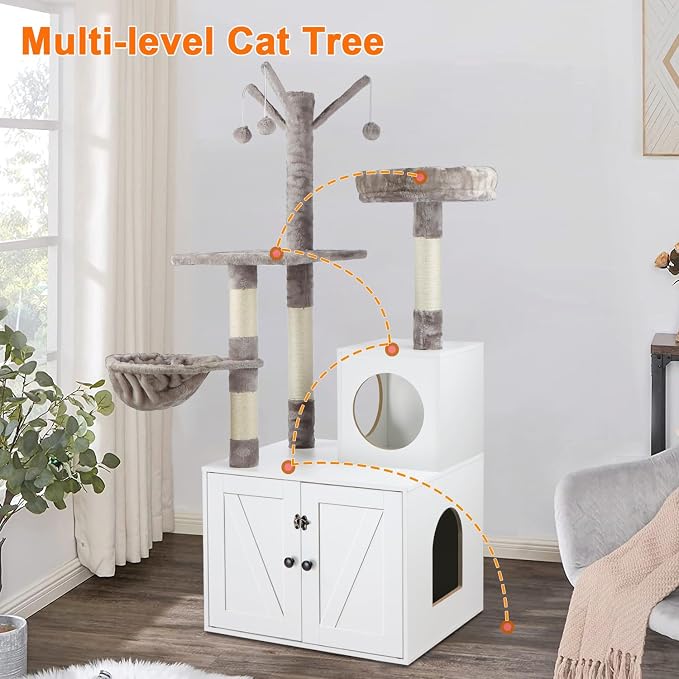 Timberer Litter Box Enclosure with Cat Tree, 2-in-1 Hidden Litter Box Furniture with Scratching Post, Modern Cat Condo, White