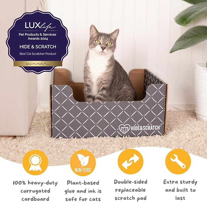 2X Hide & Scratch Cat Scratcher Boxes Plus 2 Scratch Pad Refills