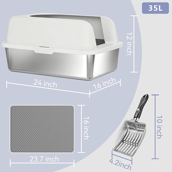 2 Pack Stainless Steel Cat Litter Box with Lid, 24" L x 16" W x 12" H, Extra Large Enclosed Litter Box for Cats, High Sided Anti Leakage, Non-Stick, Includes Stainless Steel Scoop & Cat Mat