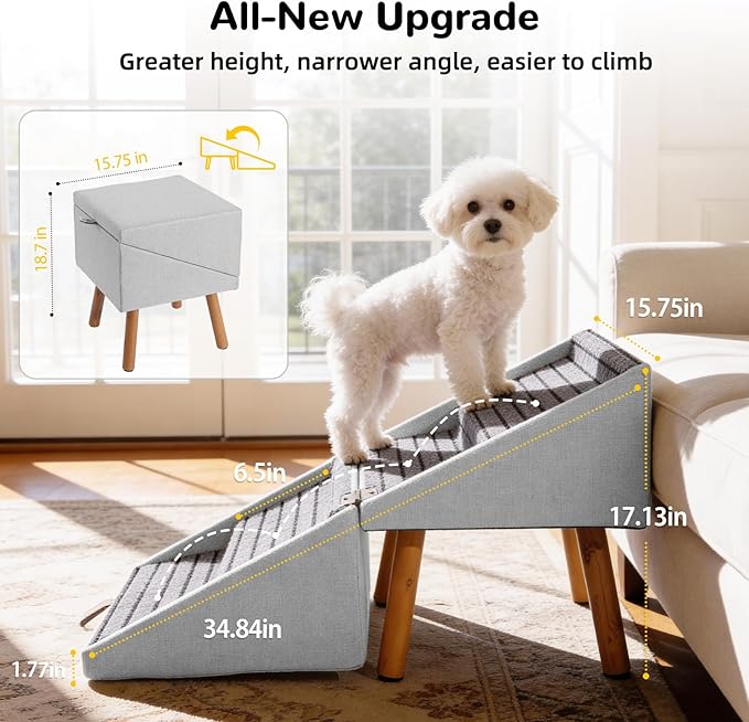 Dog ramp for Small Dogs, 2-in-1 Pet Steps & Ottoman - Foldable Dog ramp for Couch, Non-Slip Wooden Pet ramp for Puppy Senior Injured Dogs (Light Grey, XL(17.13H))
