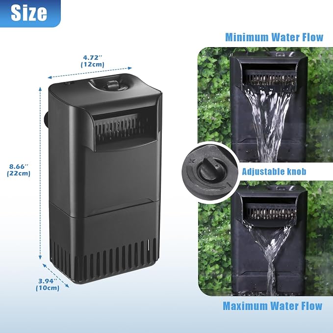 220GPH Turtle Filter for 20-45 Gal Tank, Small Turtle Filters 3-stage Filtration for Freshwater Saltwater Cloudywater, Ultra-quiet and Flow Adjustable for Fish Turtles Shrimps Amphibians Frogs | Minimum water level required: 2.6 inches
