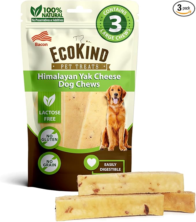 EcoKind Yak Cheese Himalayan Dog Chews, Yak Chews for Large Dogs, Long Lasting Bone for Aggressive Chewers, Only 4 Ingredients, Natural High Protein Dog Treats, No Additives, Bacon, Large - 3 Chews