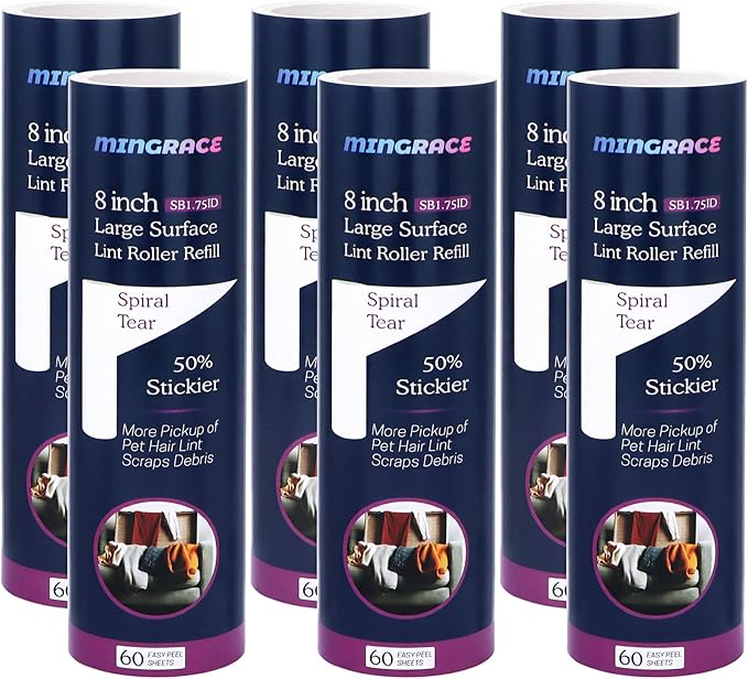 8 inch Large Surface Lint Roller Refills for Scotch-Brite 50% Stickier Large Lint Roller, Works Great On Pet Hair, 60 Sheets per Refill, Pack of 6, 360 Sheets Total