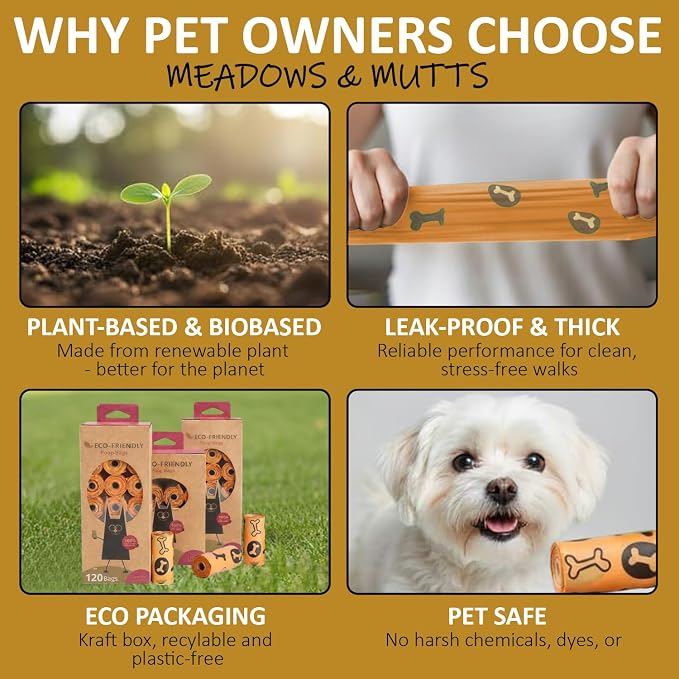 MEADOWS & MUTTS Dog Poop Bags - 120 Count Compostable Biodegradable Plant Based Pet Waste Bags | Leak Proof Extra Thick | Lavender Scented Eco-Friendly Puppy Poop Bags