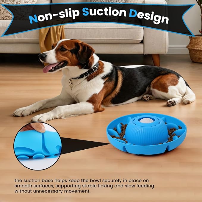 PUPPYGANG 2-in-1 Slow Feeder Dog Bowl for Large Dogs — Silicone Dry Food Maze & Wet Food Lick Ball with Suction Cup, Interactive Puzzle Feeder, Non-Slip & Detachable, Easy to Clean (Blue)