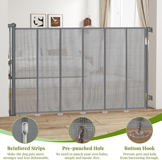 47" Extra Tall Retractable Baby Gates, Extends to 71" Wide, ExtraTall Retractable Safety Gate with Reinforced Strips, Retractable Tall Dog Gates for Doorways Mesh Baby Pet Gates Indoor, Grey