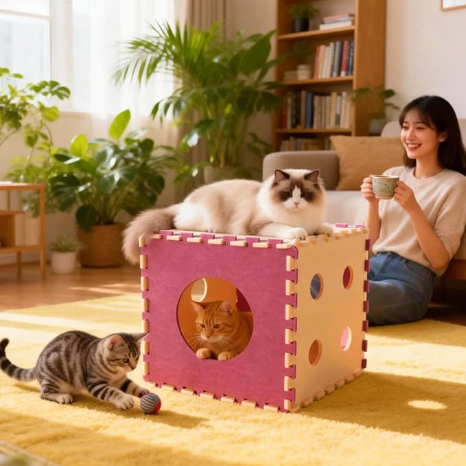 Larger-Size Interactive Cat Toys for Indoor Cats, Kitten Toys, Catnip Toys, Cat Wand, Feather Wand, Bells & Balls for Indoor Cats,30 Pcs Puzzle Box with Cooling Mat