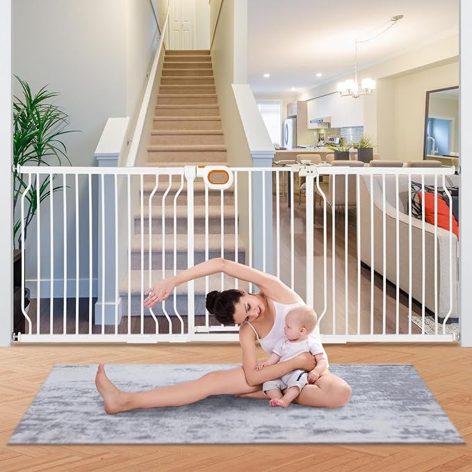 owlie Baby Gate Indoor 75-85 Inch, Extra Wide Safety Gate for Dogs Large Stairway Gate Adjustable Baby Gates Pressure Mount Wide Gates for Pet Stairway Doorways No Drilling White (30.5'' Tall)