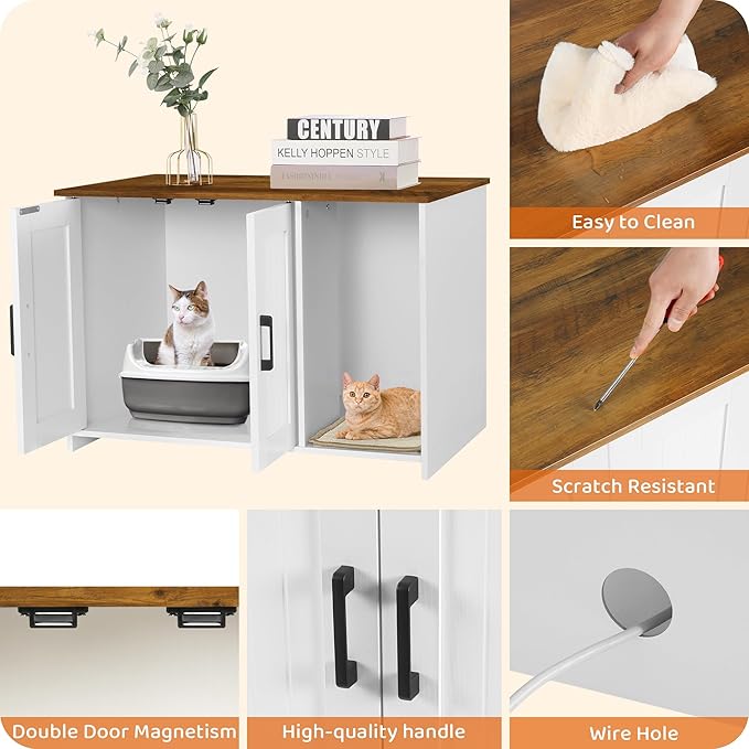 DWANTON Litter Box Enclosure, Cat Litter Box Furniture Hidden, with Scratching Mat, Wooden Cat Washroom Indoor, 31.5" L x 19.7" W x 21.7" H, White and Warm Brown
